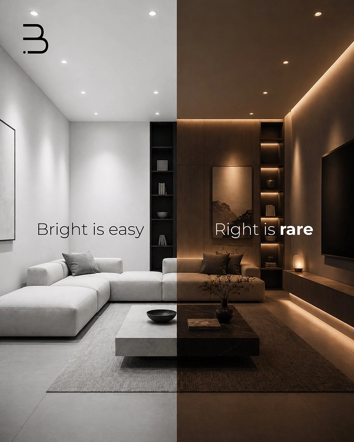 Architects & Architecture Firms creative ad: Minimal living room split into cold bright vs warm ambient lighting