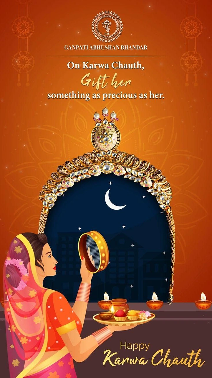 Karwa Chauth creative ad: Kundan necklace framing a moonlit night, with a woman holding a sieve