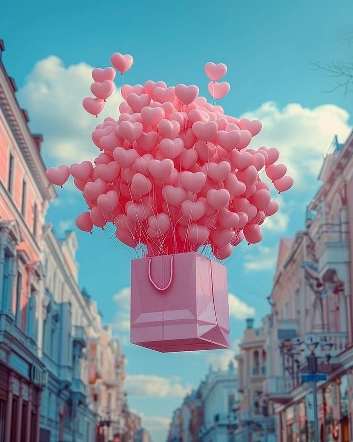 Balloon & Party Decorators creative ad: Surreal floating balloon gift-bag composition