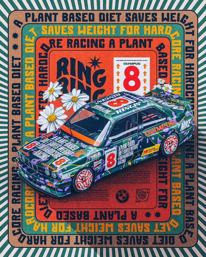 Automotive creative ad: Green-and-purple liveried touring race car with daisies