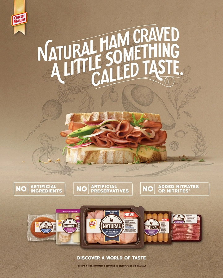 Meat & Seafood Shops creative ad: Ham and avocado sandwich above product package lineup