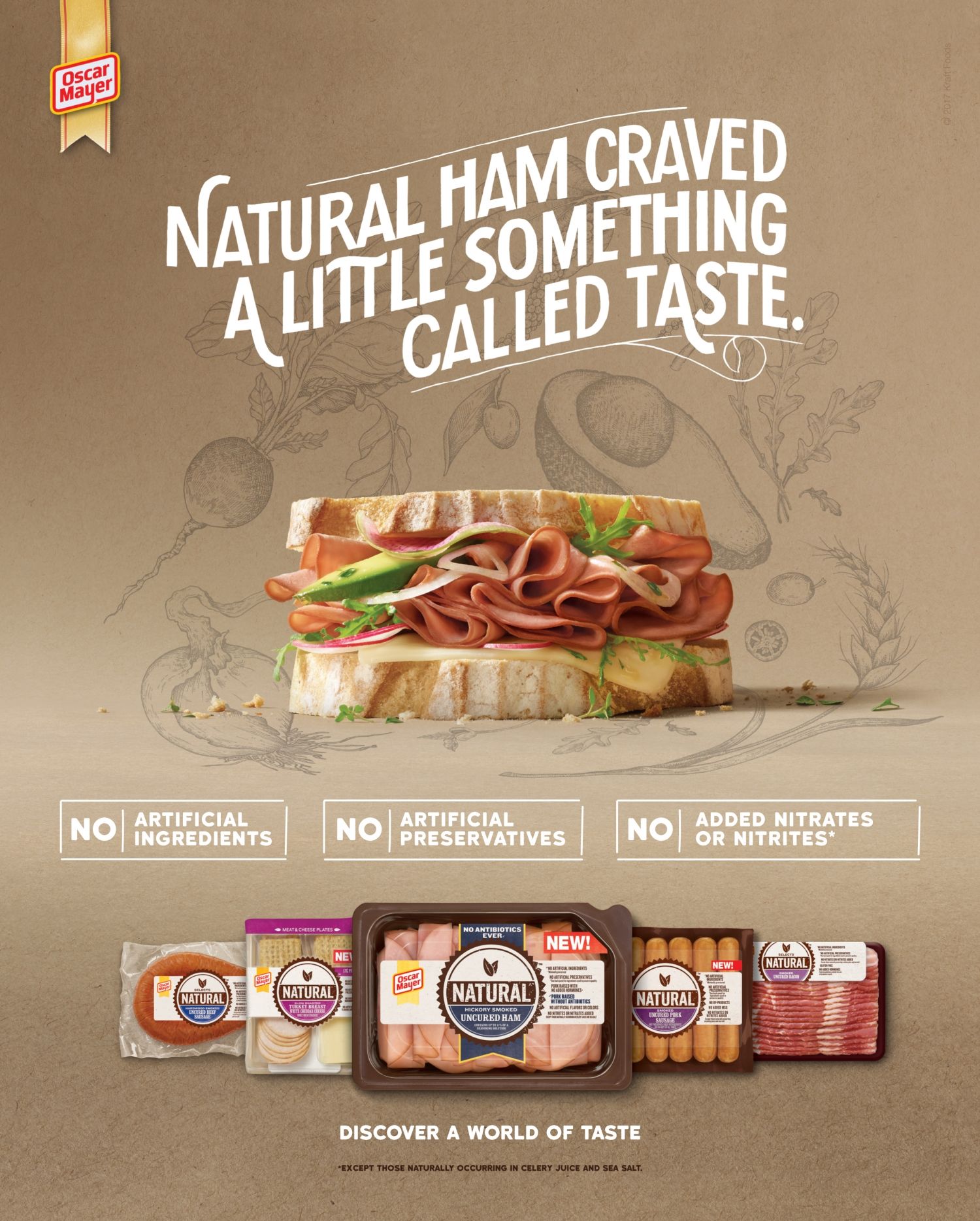 Poster: Ham and avocado sandwich above product package lineup