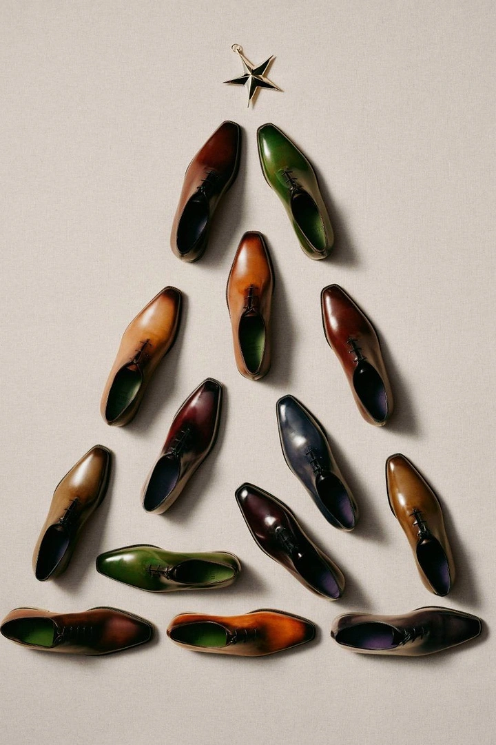 Fashion creative ad: Patina leather shoes arranged into a Christmas tree