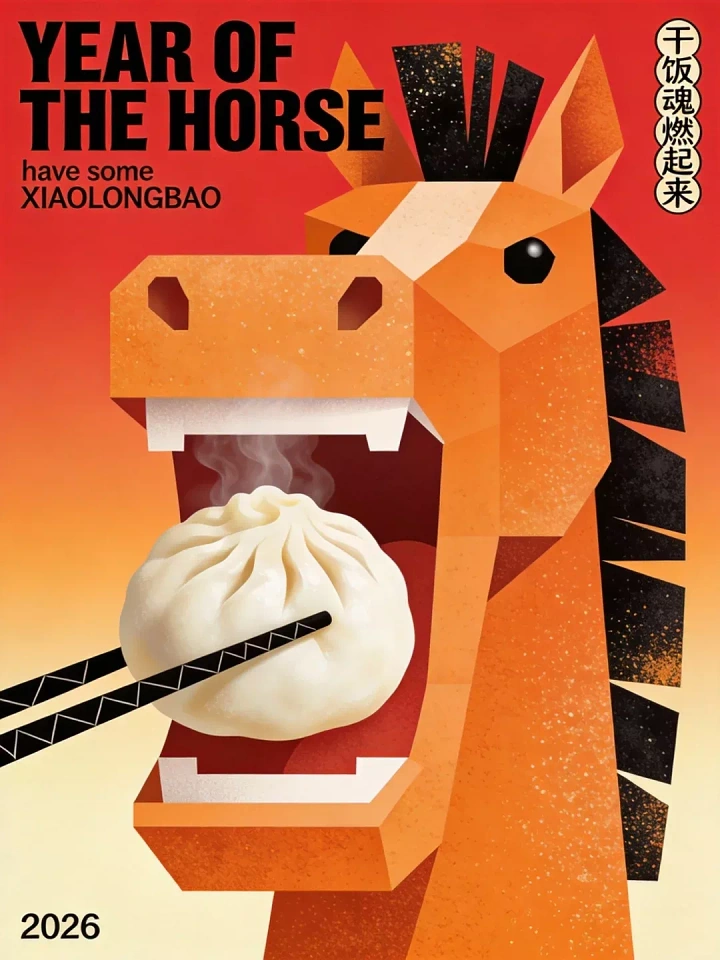 Lunar New Year creative ad: Geometric orange horse biting a steaming soup dumpling held by chopsticks