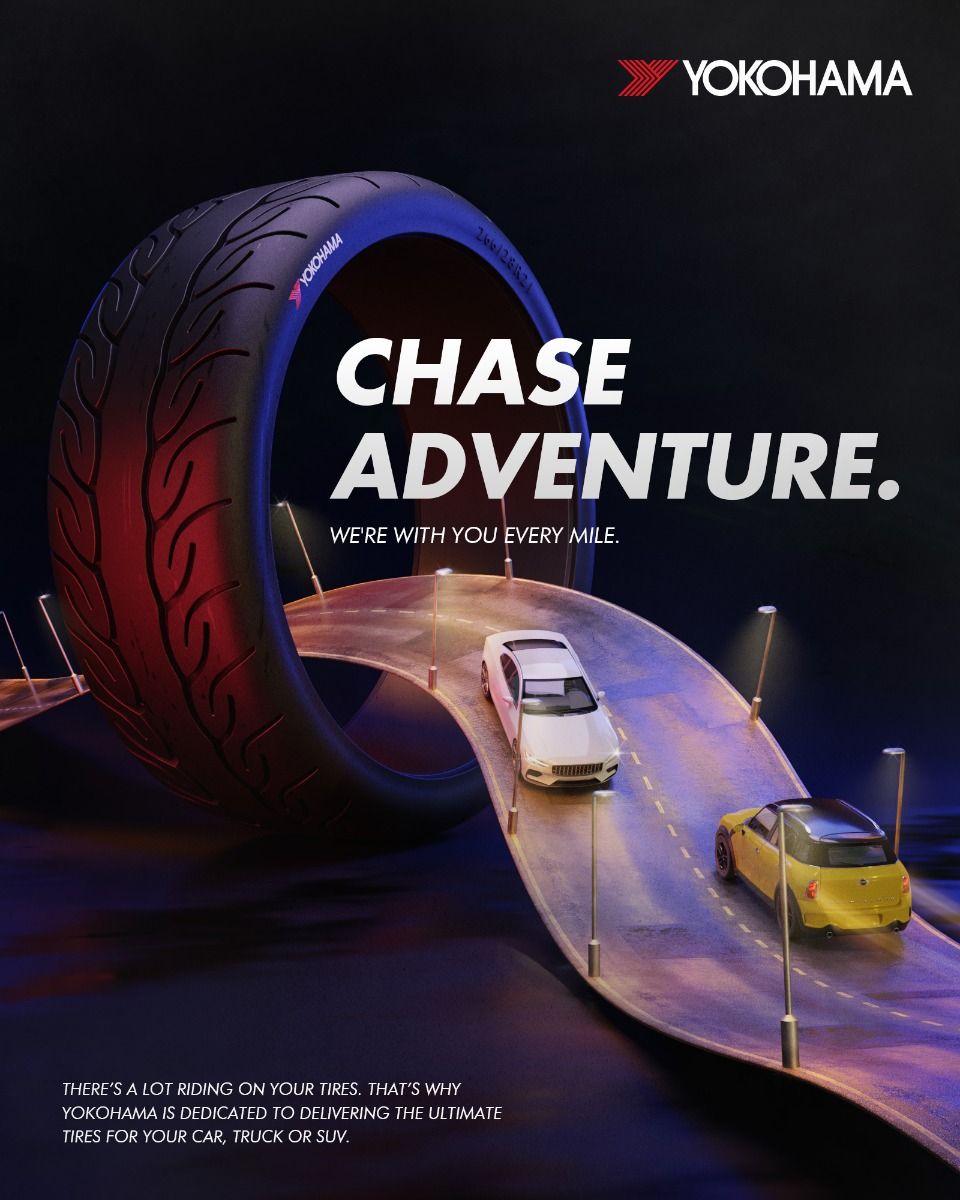Instagram post: Miniature road ribbon looping through an oversized tire with toy-like cars