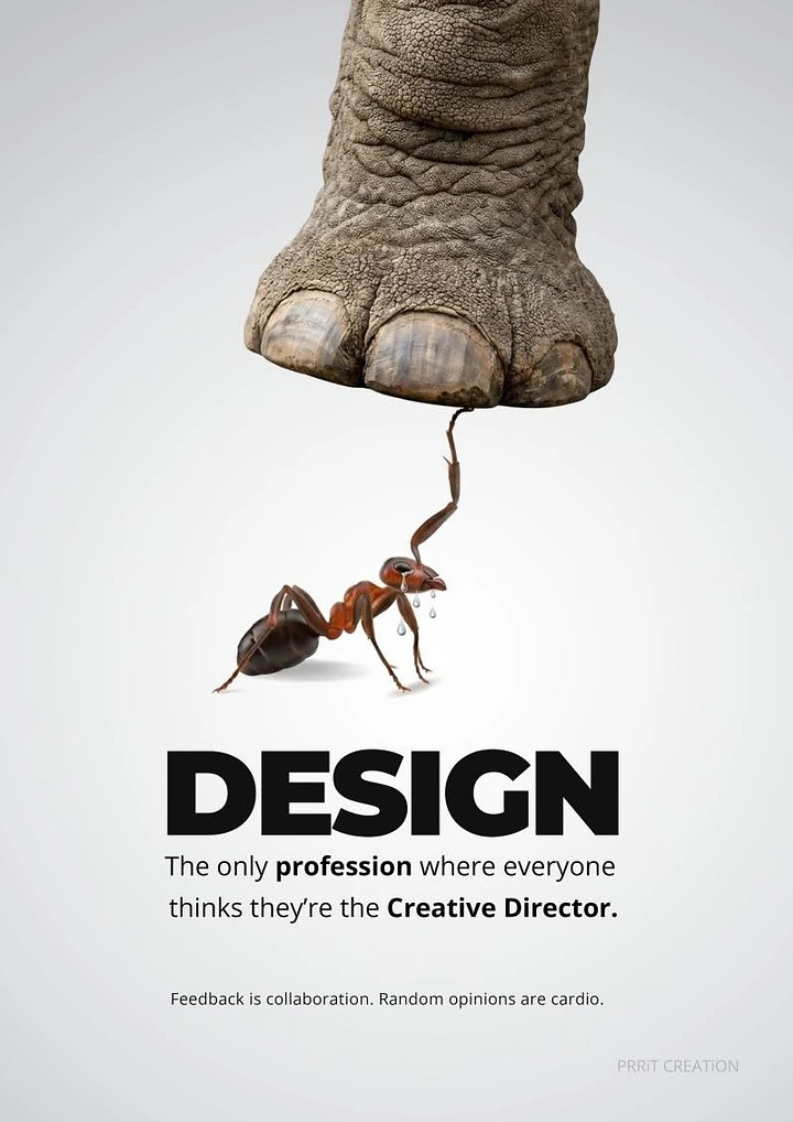 Agency creative ad: Elephant-over-ant creative director joke