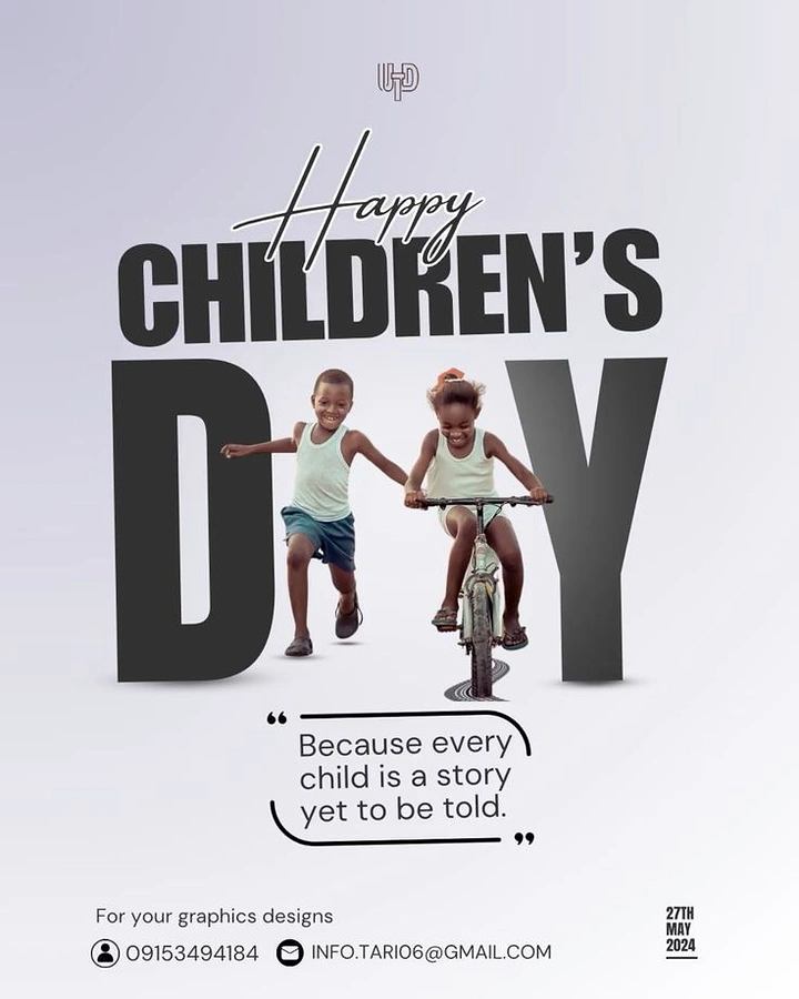 Children's Day creative ad: Two smiling children, one running and one on a bicycle, replacing the A in DAY
