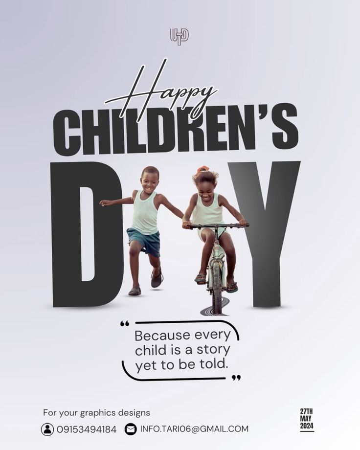 Two smiling children, one running and one on a bicycle, replacing the A in DAY