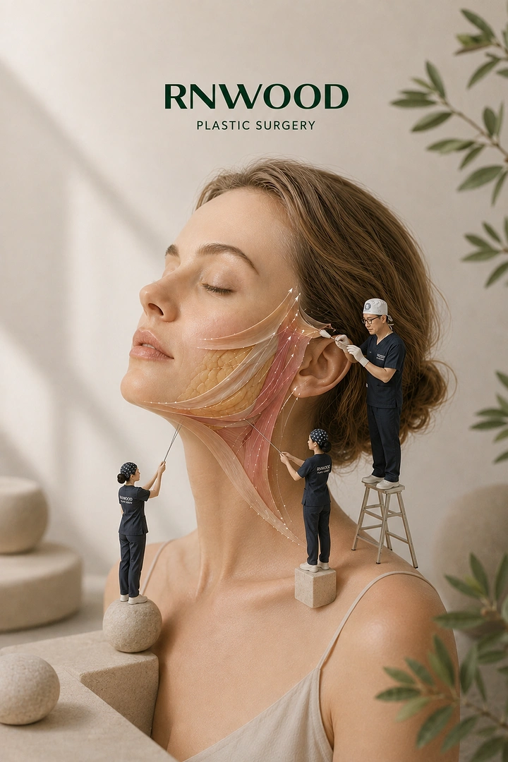 Skin & Cosmetic Clinics creative ad: Woman in profile with tiny surgeons lifting her jawline tissue
