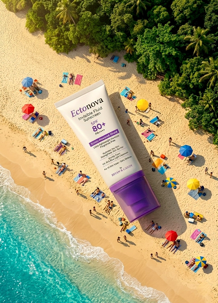 Sunscreen & Sun Care creative ad: Oversized sunscreen integrated into beach aerial