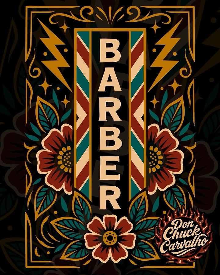Tattoo Studios creative ad: Vertical BARBER sign framed by barber-pole stripes and tattoo flowers