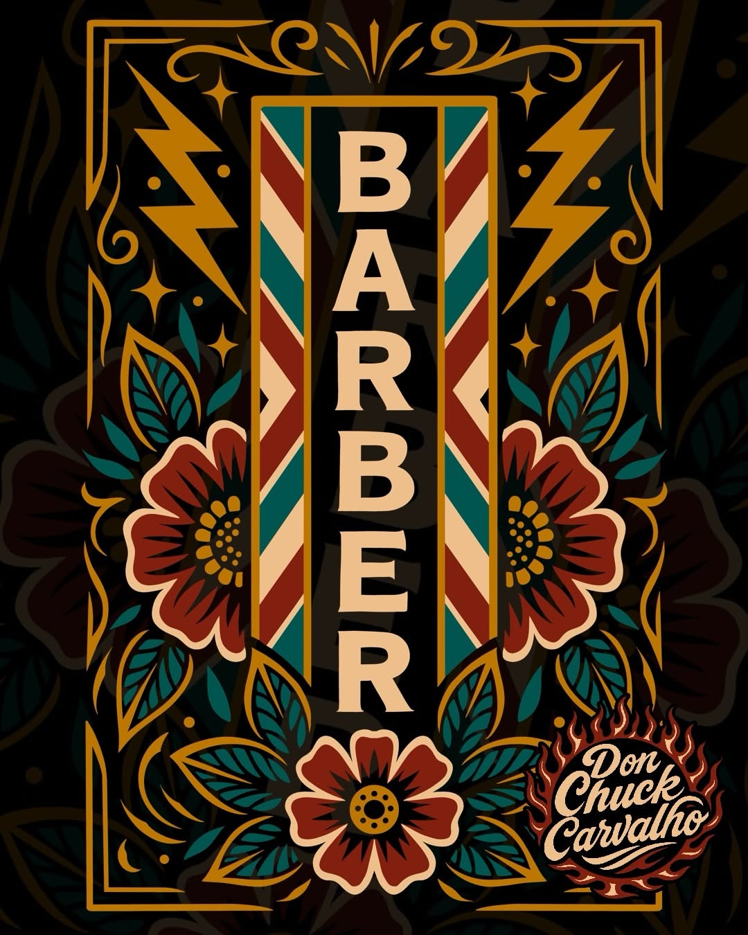 Carousel: Vertical BARBER sign framed by barber-pole stripes and tattoo flowers, slide 1