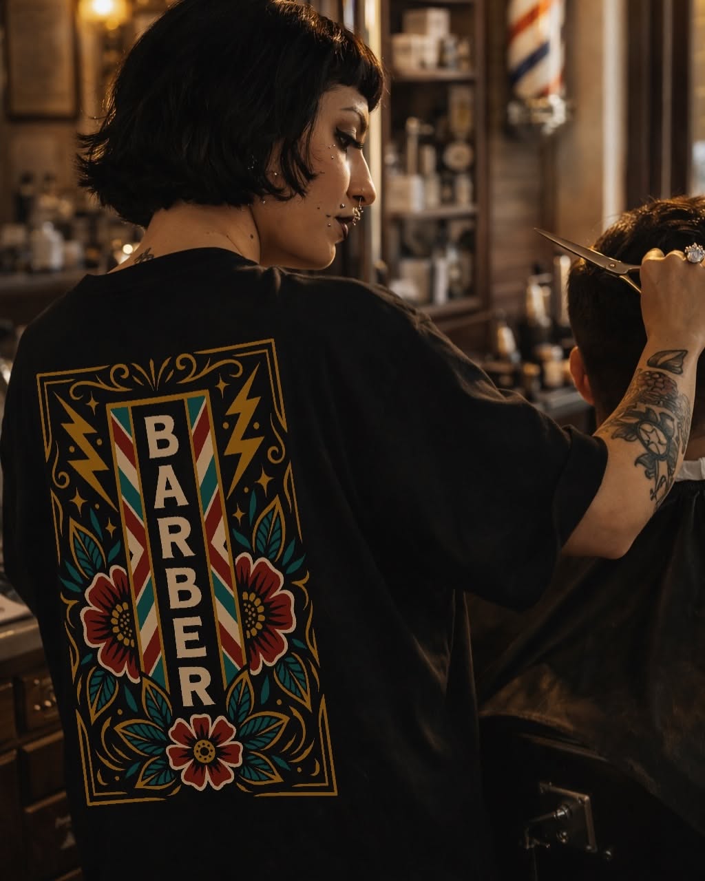 Carousel: Vertical BARBER sign framed by barber-pole stripes and tattoo flowers, slide 2