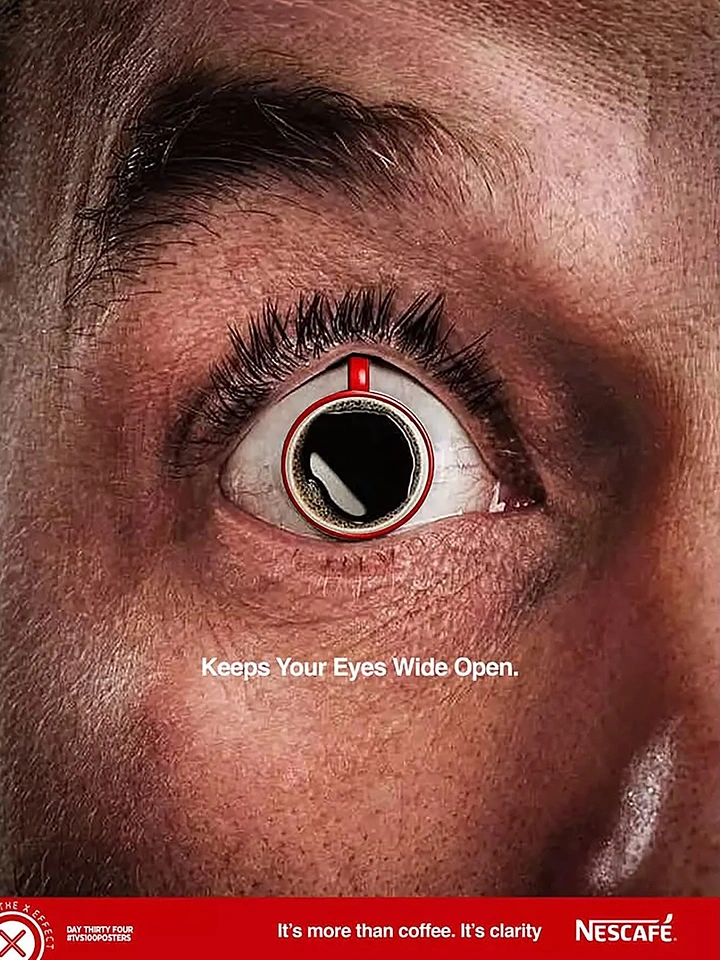 Coffee Shops creative ad: Wide-open eye whose iris is a top-down cup of black coffee