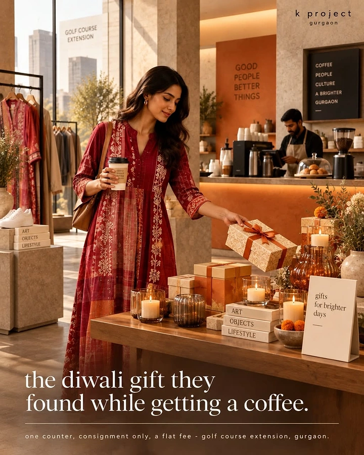 Diwali creative ad: A woman discovering a wrapped Diwali gift in a stylish café and lifestyle shop