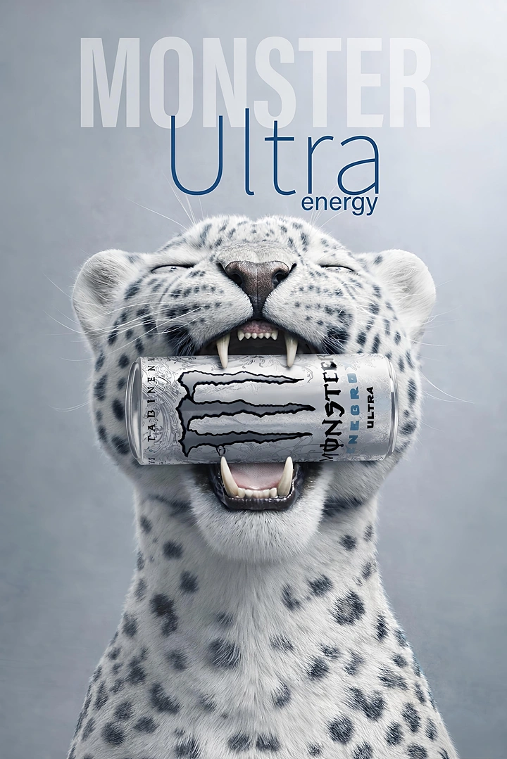 Creative ad: Snow leopard biting a white energy drink can