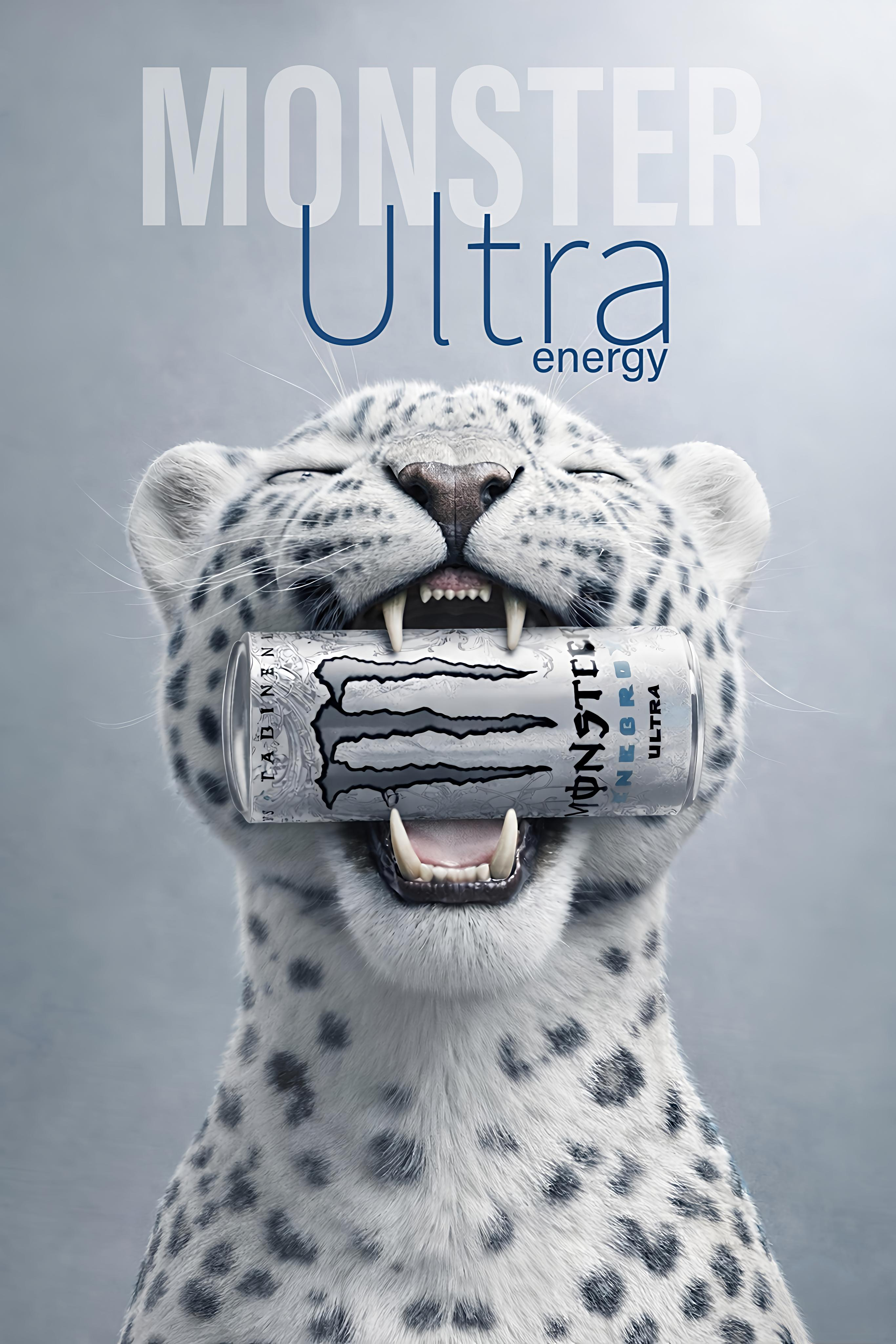 Poster: Snow leopard biting a white energy drink can