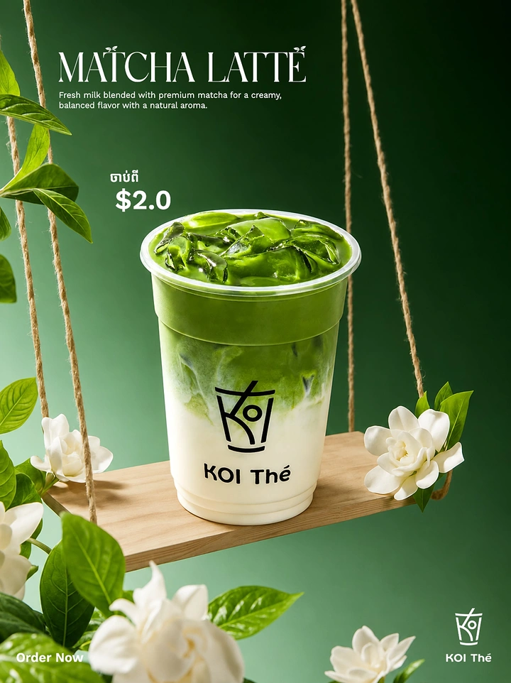 Tea & Chai Brands creative ad: Matcha cup riding floral swing