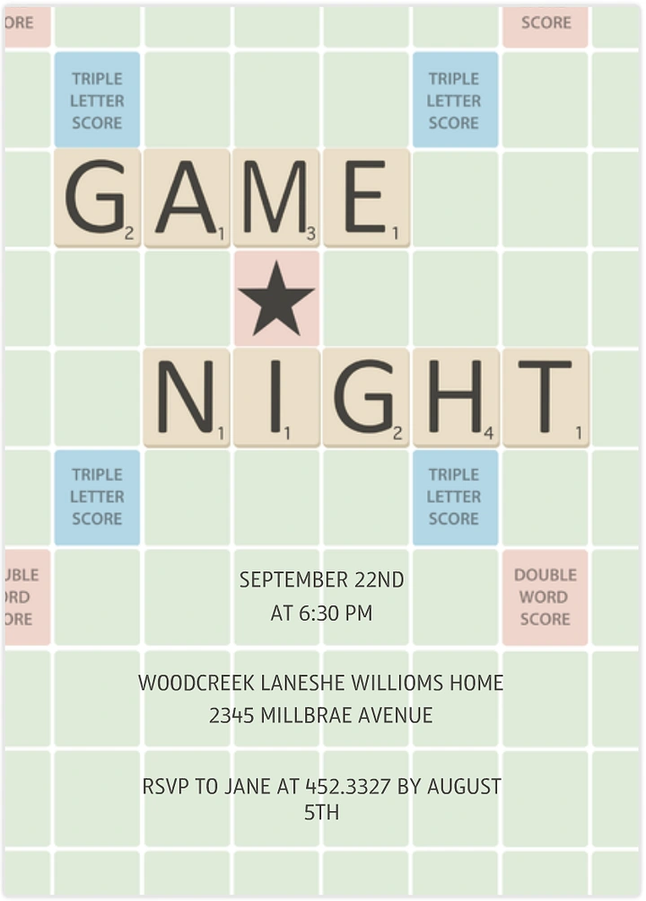 Board Games & Game Cafes creative ad: Scrabble tiles become game-night invitation