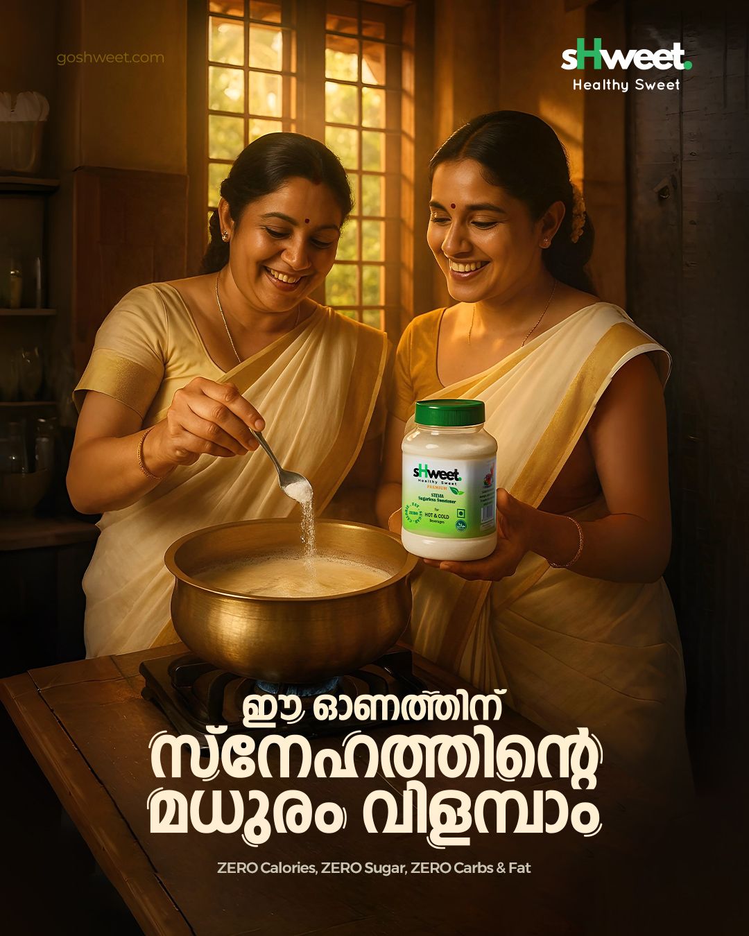 Two Kerala women in kasavu sarees sweetening payasam with a sweetener jar