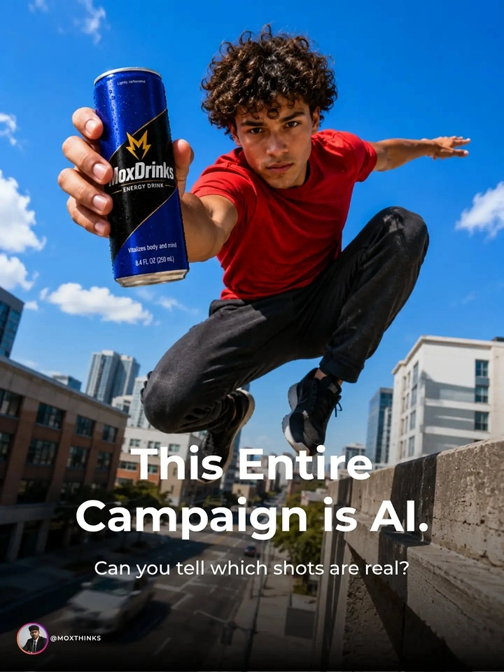 Energy & Sports Drinks creative ad: AI campaign premise supports surreal action shot