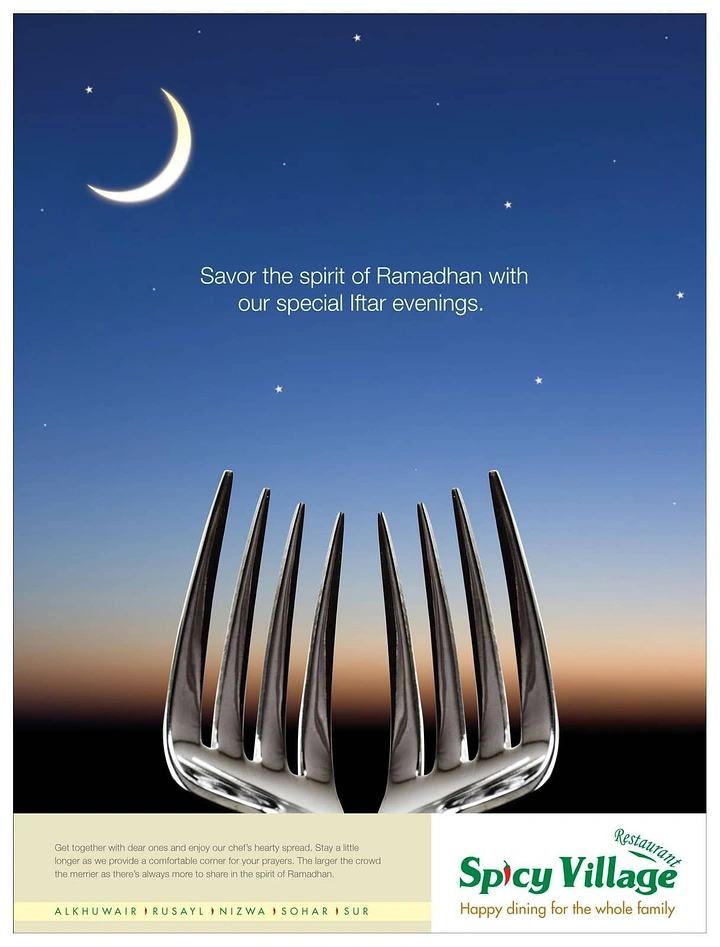 Ramadan creative ad: Two fork heads placed together to form a mosque-like silhouette against a dusk sky