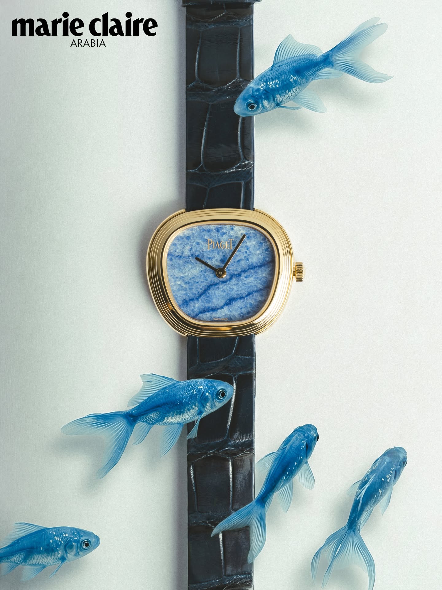 Instagram post: Gold cushion-shaped watch with a blue stone dial, surrounded by blue fish