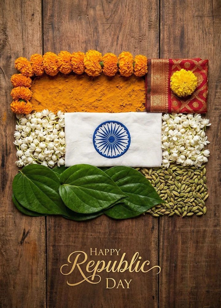 Republic Day creative ad: Indian flag arranged from marigolds, turmeric, jasmine, betel leaves and cardamom