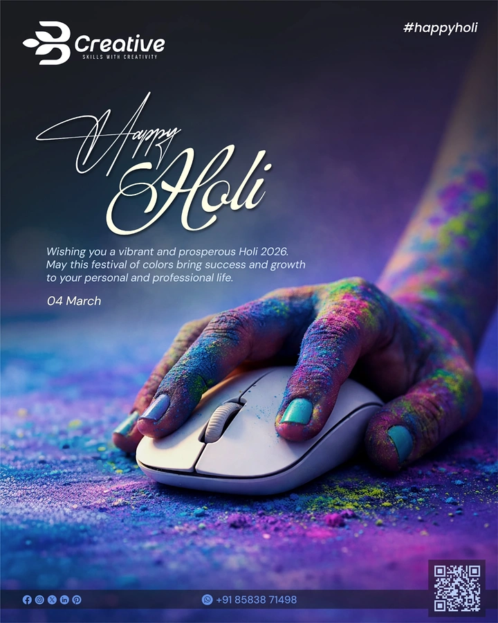 Holi creative ad: Hand covered in Holi colours gripping a white computer mouse on powder