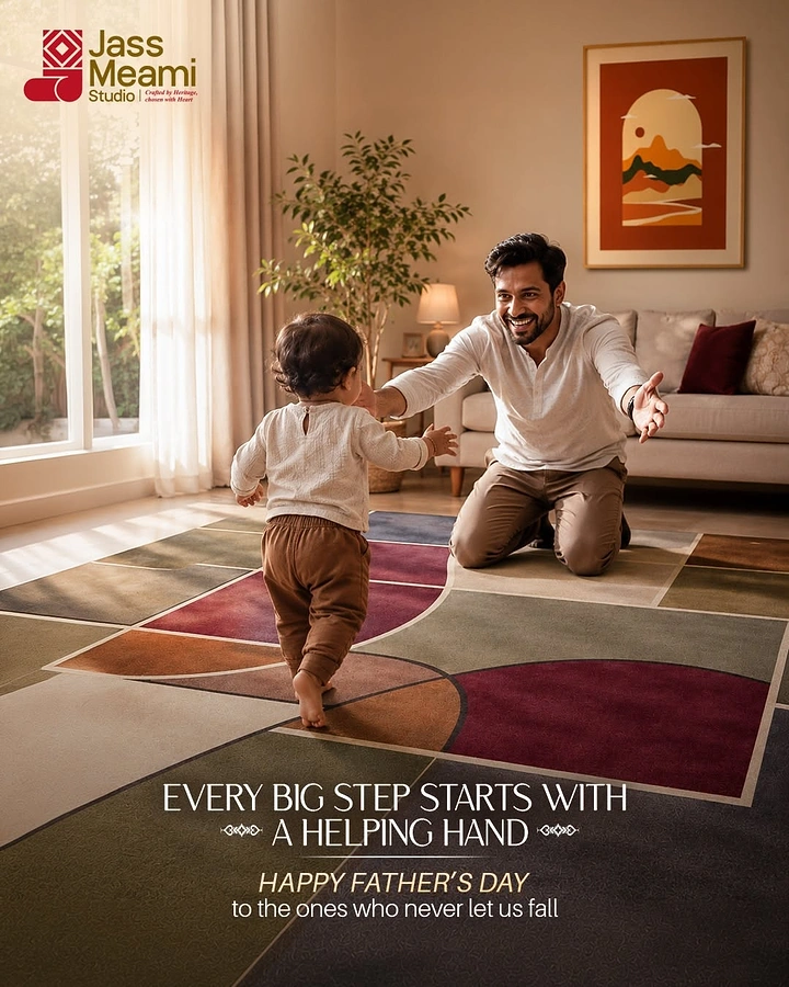 Father's Day creative ad: Kneeling father with open arms welcoming toddler's first steps on a geometric rug