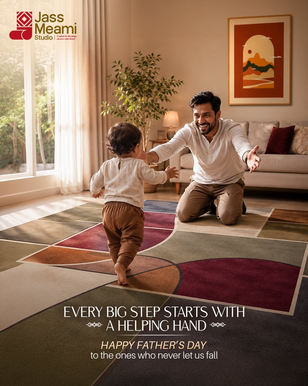 Kneeling father with open arms welcoming toddler's first steps on a geometric rug