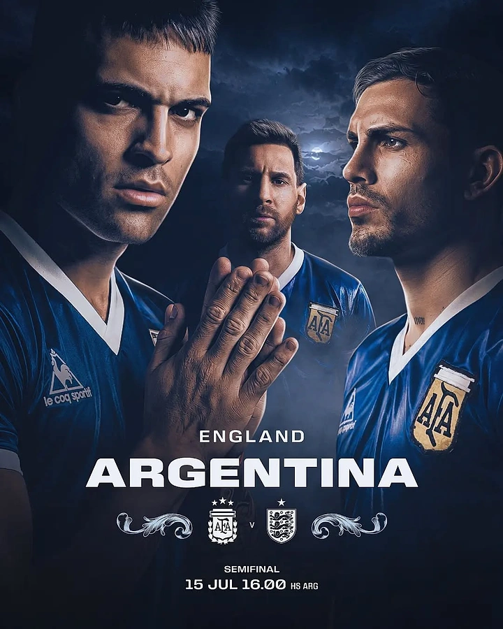 Creative ad: Three footballers in retro blue kits against a moody moonlit night sky