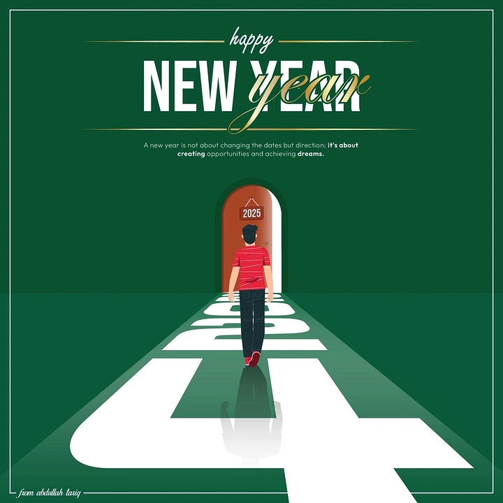 New Year creative ad: Man walking along a path of year numerals toward an arched door marked 2025