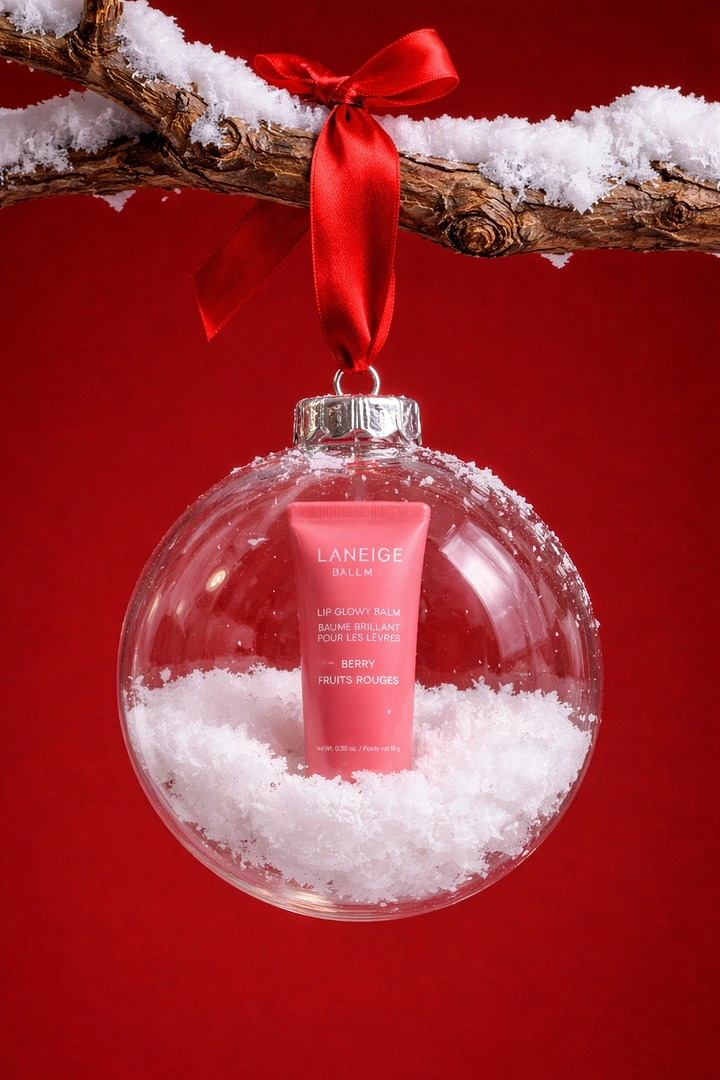Christmas creative ad: Lip balm tube inside a clear snow-filled bauble