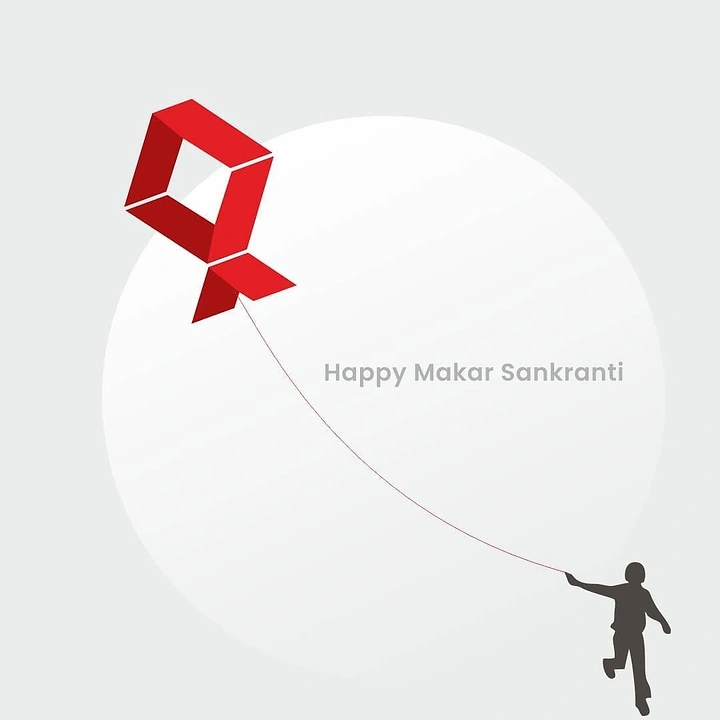 Makar Sankranti creative ad: Red geometric kite flown by child silhouette