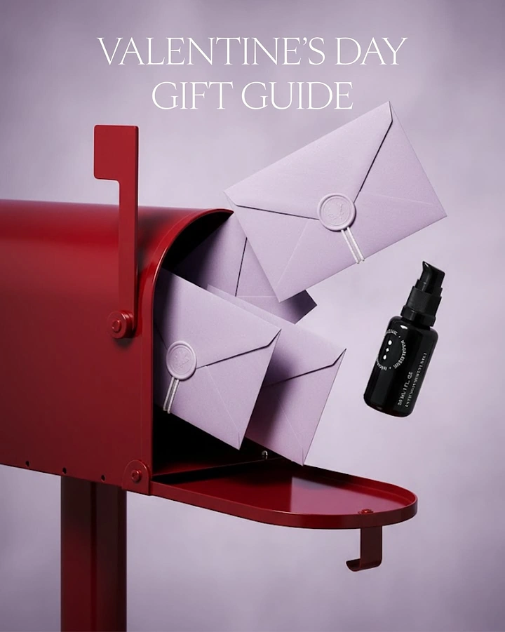 Valentine's Day creative ad: Red mailbox with lilac love letters and a floating serum bottle