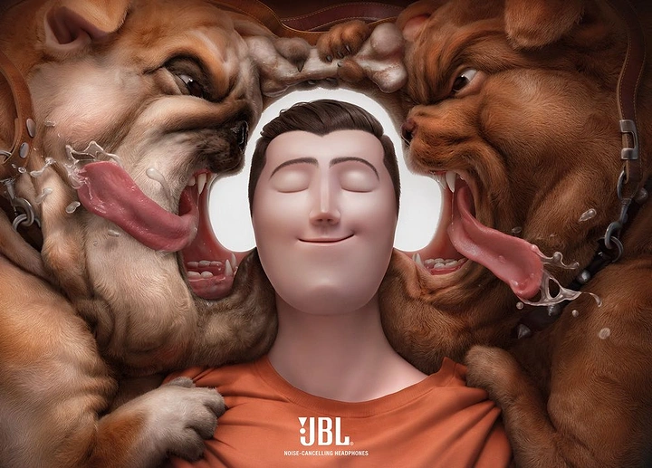 Electronics creative ad: Calm man framed by two barking bulldogs forming headphones