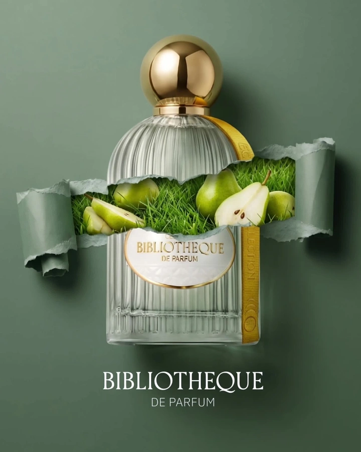 Perfume & Fragrance creative ad: Ribbed perfume bottle with a torn-paper strip revealing pears on grass