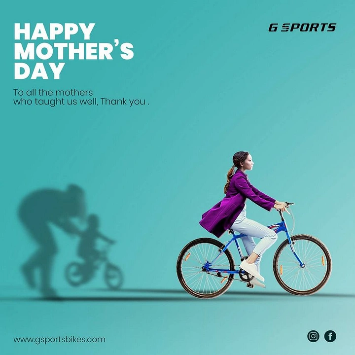 Mother's Day creative ad: Young woman cycling, casting a shadow of a mother teaching a child to ride
