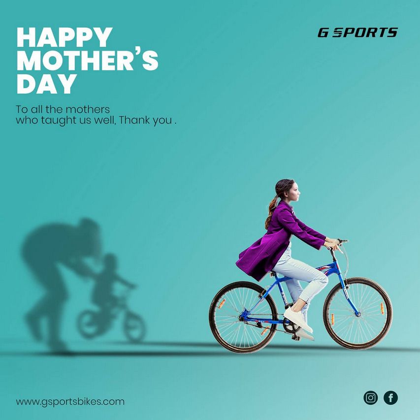 Young woman cycling, casting a shadow of a mother teaching a child to ride
