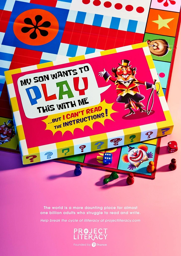 Board Games & Game Cafes creative ad: Witty literacy-game crossover headline