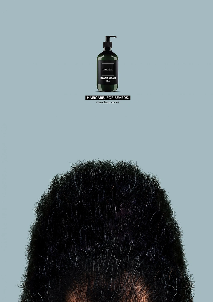 Barber Shops creative ad: Beard wash bottle above a cropped bushy beard that reads as a head of hair
