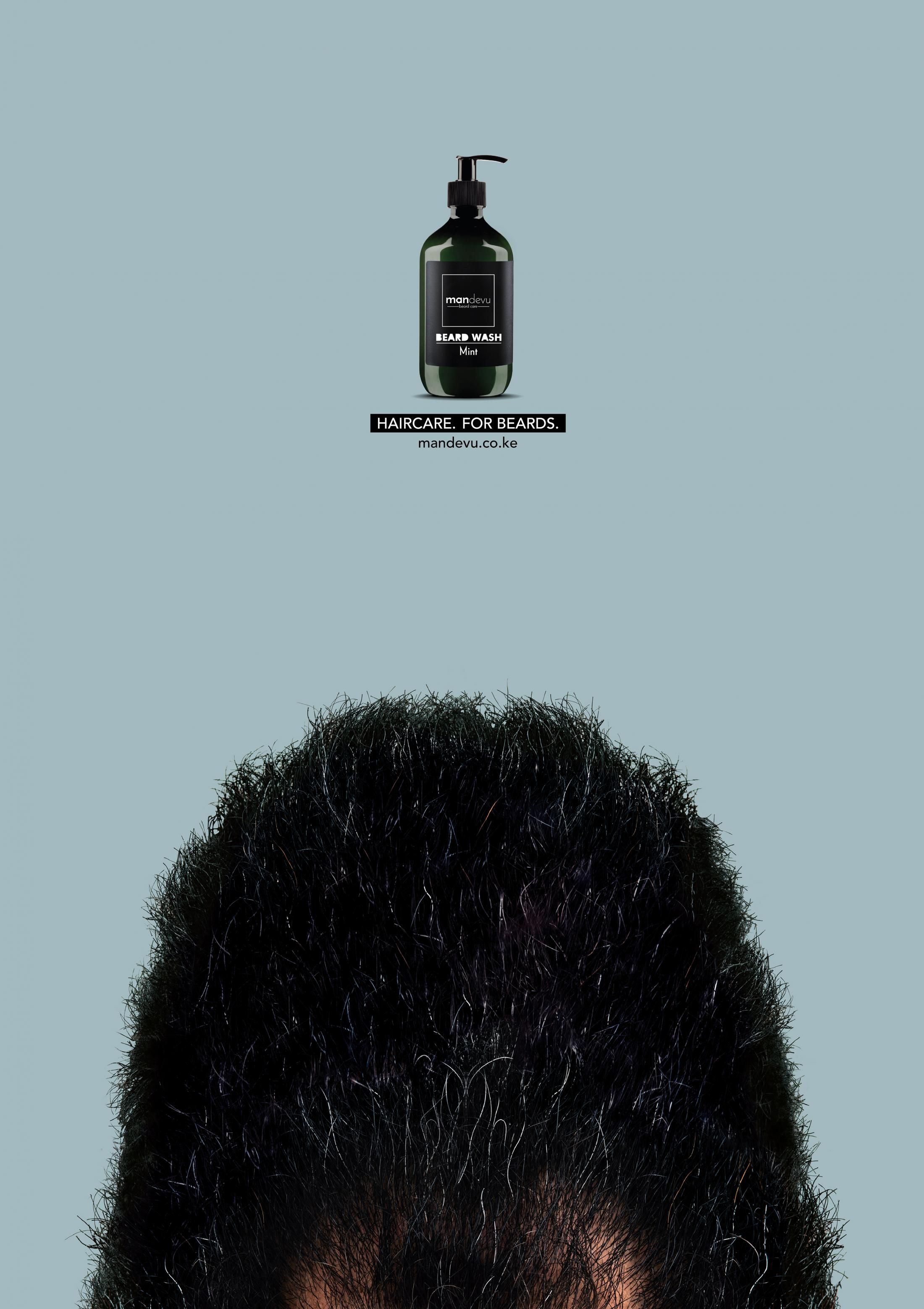 Poster: Beard wash bottle above a cropped bushy beard that reads as a head of hair