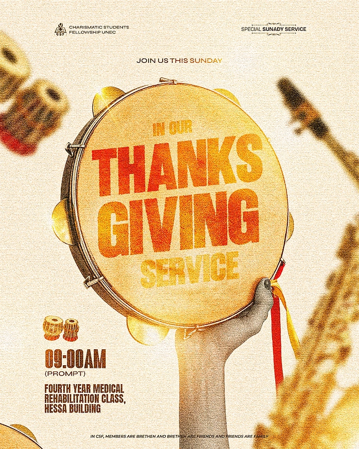 Thanksgiving creative ad: Raised hand holding a tambourine with the event title printed on it