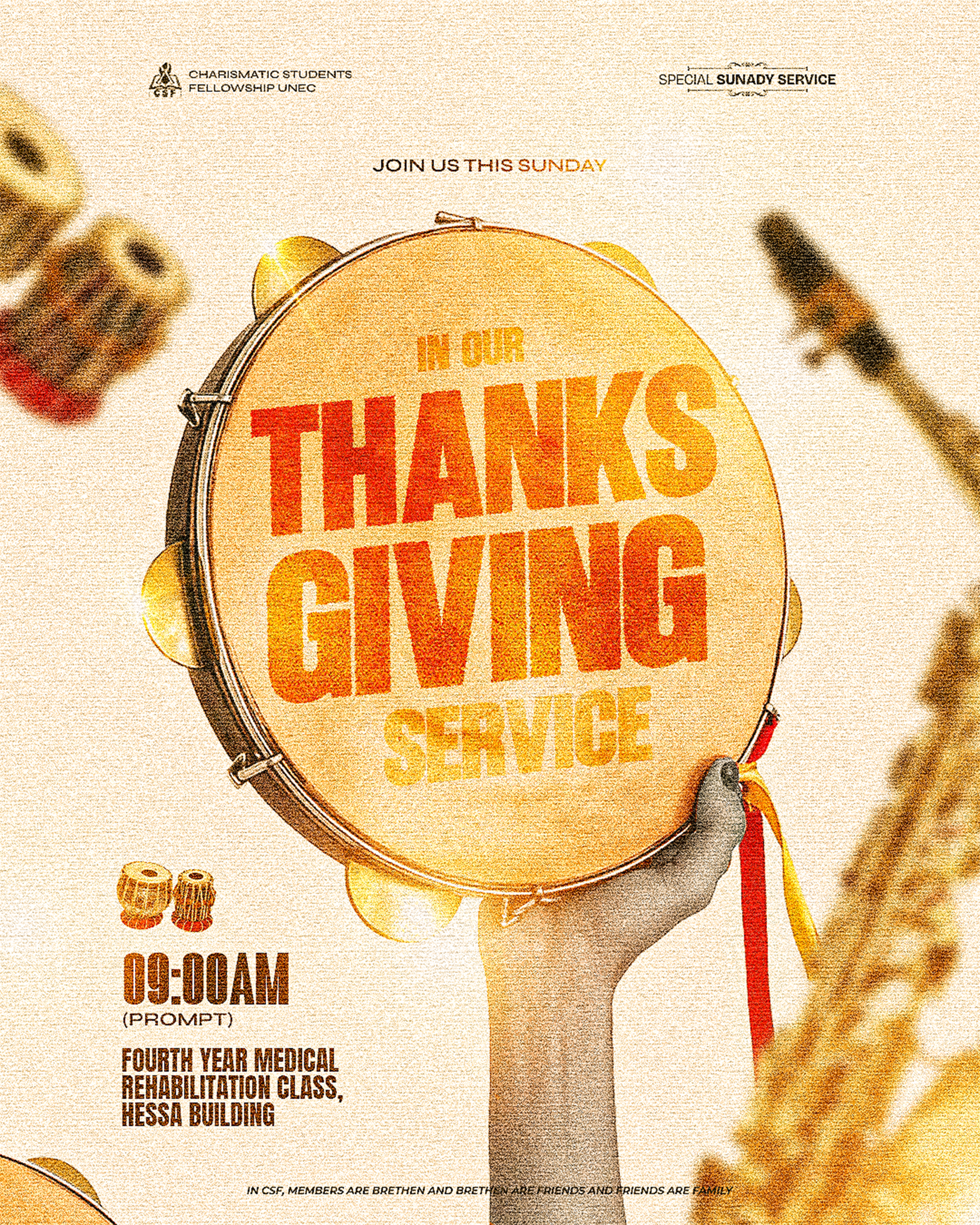 Raised hand holding a tambourine with the event title printed on it
