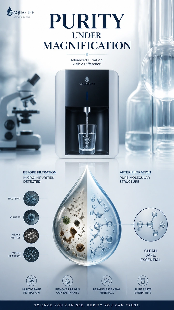 Water Purifiers creative ad: Water purifier and magnified split droplet comparing contaminated water with purified molecular water