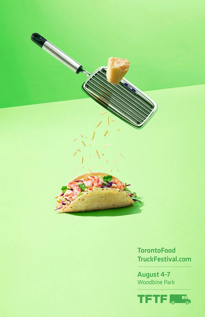 Events & Nightlife creative ad: Grater shaped like a truck grille showering cheese onto a shrimp taco
