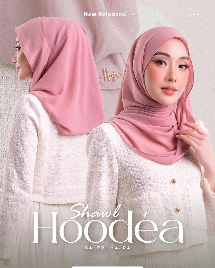 Modest Fashion, Hijabs & Abayas creative ad: Model in dusty-pink hijab shown from the front and back