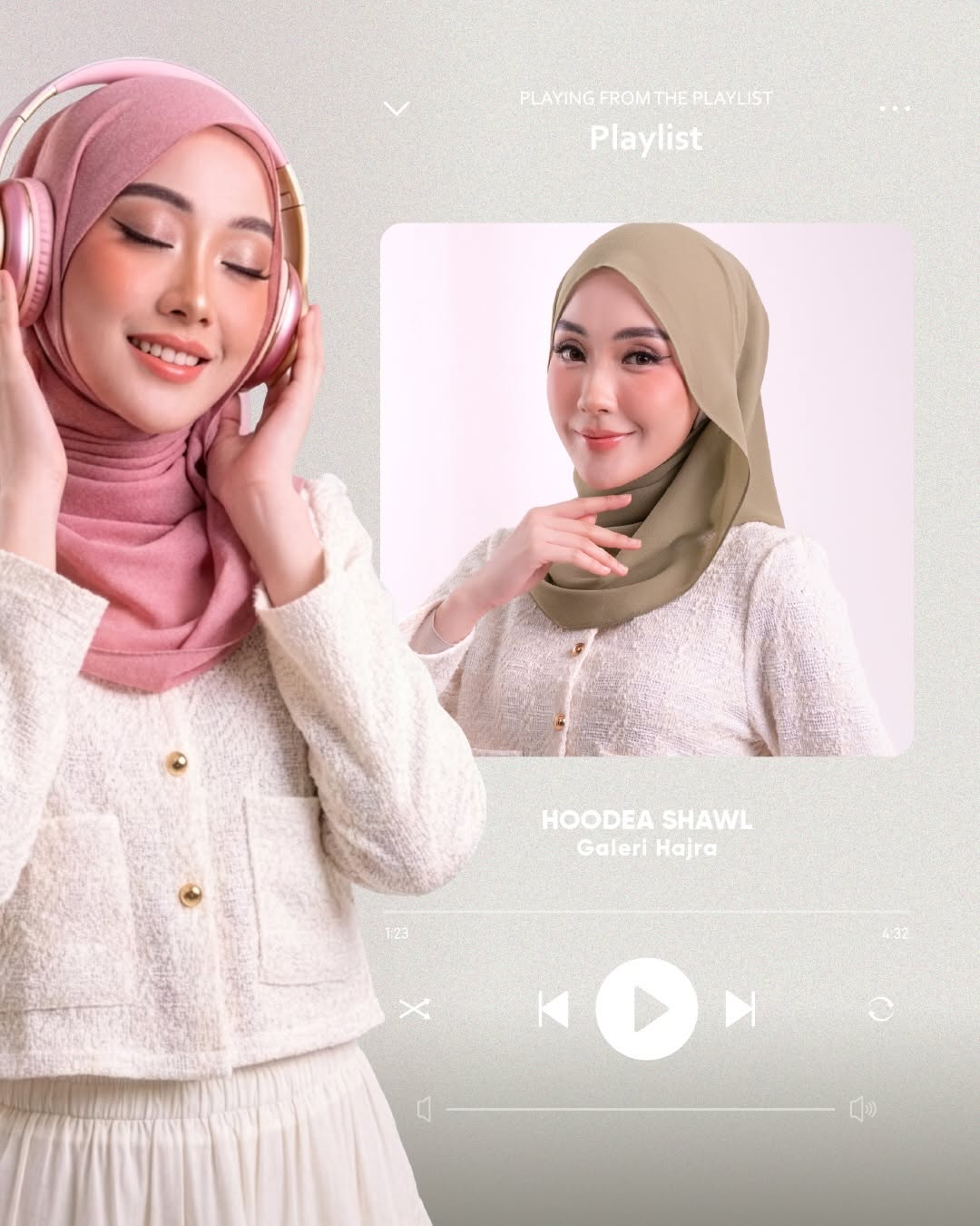 Carousel: Model in dusty-pink hijab shown from the front and back, slide 3