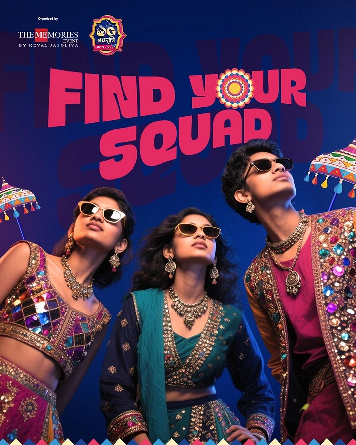 Navratri creative ad: Three young people in mirror-work garba outfits and sunglasses looking up
